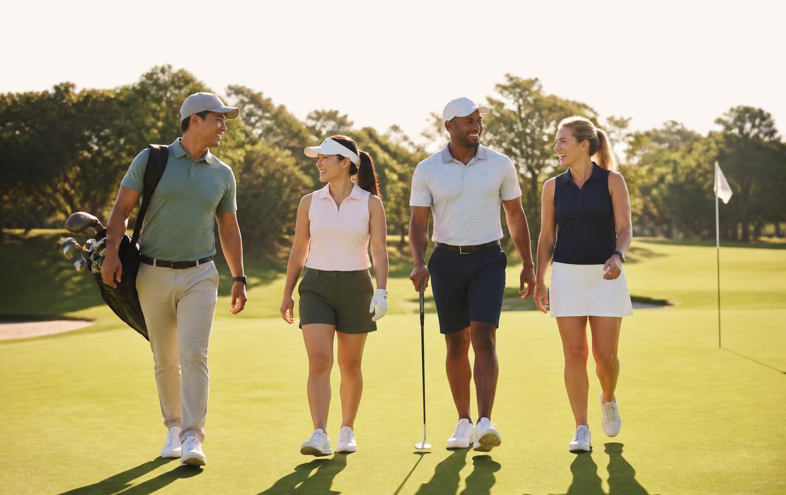 Four friends walking a sunlit fairway together, laughing on a weekday round of golf